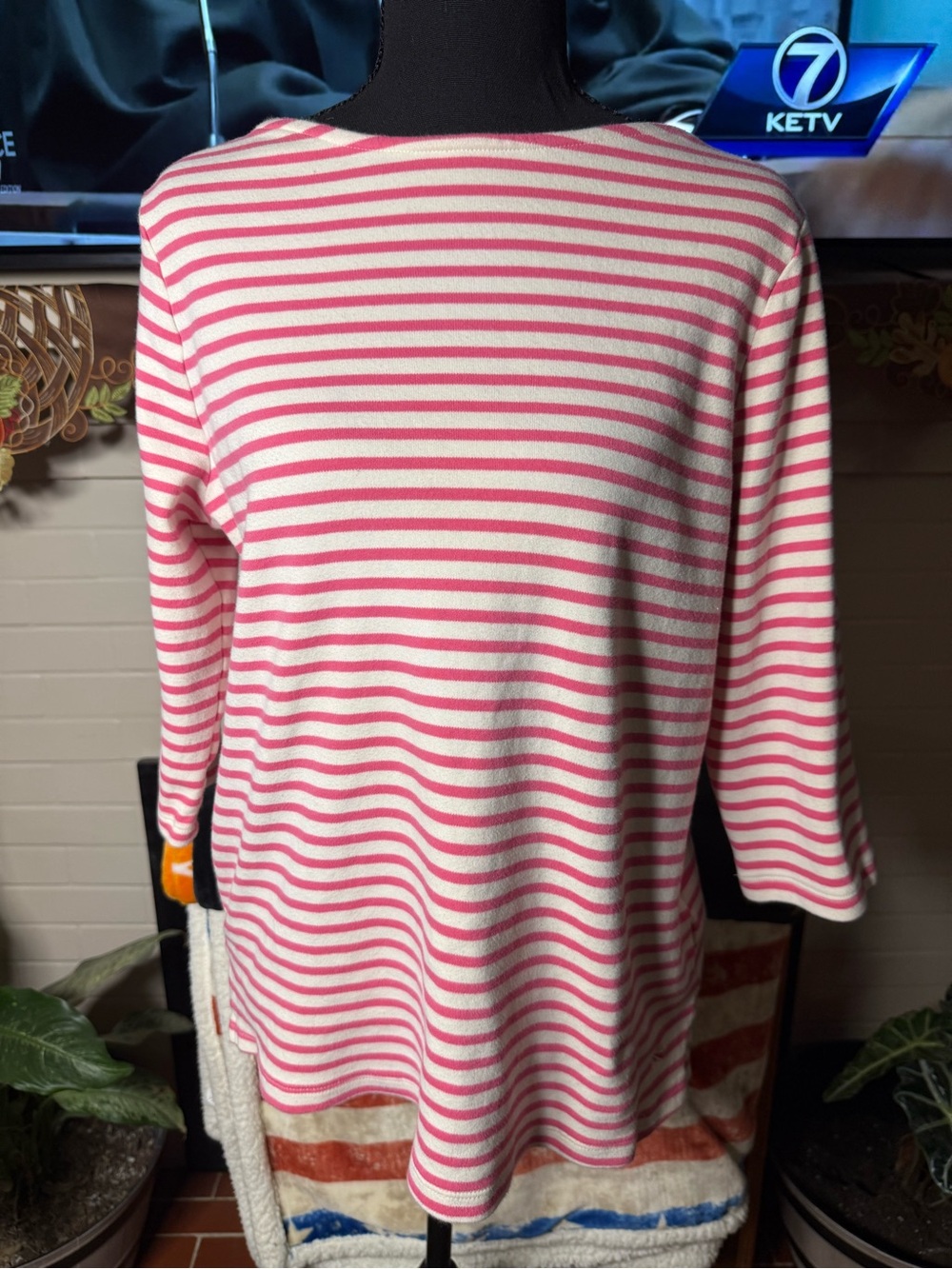 Isaac Mizrahi Pink and White Striped Long Sleeve Boatneck Top